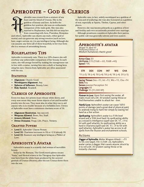 Dnd Gods And Goddesses, Greek Mythology Dnd, Greek Dnd, Goddess Of Beauty, Dnd Stats, Aphrodite Goddess, Goddess Of The Sea, Dnd Campaign, Ancient Greek Gods