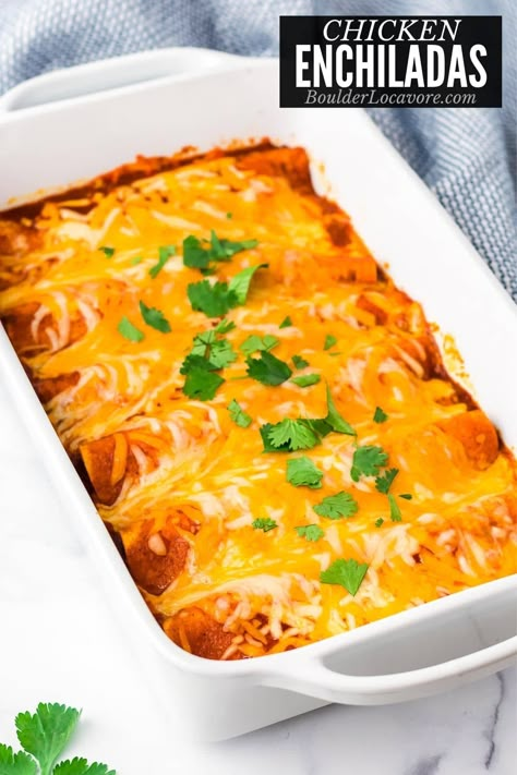 Hearty, filling Easy Chicken Enchiladas are packed with tender chicken, green chiles, refried beans and baked in red enchilada sauce with loads of gooey cheese. Fast enough for a weeknight dinner! Chicken Enchilada Casserole Red Sauce, Chicken Enchalidas Recipes, Casserole Enchilada, Enchiladas Casserole, Enchiladas Easy, Easy Enchilada Recipe, Easy Chicken Enchiladas, Enchiladas Chicken, Easy Chicken Enchilada Recipe