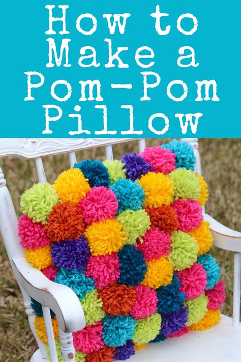 Learn how to make this DIY Pom-Pom Pillow! It's totally adorable, and you can make it whatever colors you want! I made this one for my girls' room, but you could make one in more neutral colors for your living room or master bedroom! It's a simple DIY craft that you're sure to love! Home Pillows, Pom Pom Pillows, How To Make A Pom Pom, Diy Pom Pom, Pom Pom Crafts, Crochet Cushions, Diy Pillows, Easy Diy Crafts, Diy Blog