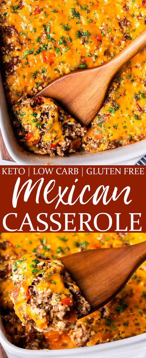 Keto Mexican Casserole is a spicy, cheesy combination of ground beef, riced cauliflower, peppers, and a blend of cheeses. It’s a low carb, gluten free dinner recipe that’s easy to make and very flavorful. | #ketocasserole #ketorecipes #mexicancasserole #mexicanfood #ketomexican Mexican Bake, Mexican Keto, Casserole Mexican, Mexican Rice Casserole, Casserole Healthy, Mexican Casserole Recipe, Keto Healthy, Low Carb Mexican, Mexican Casserole