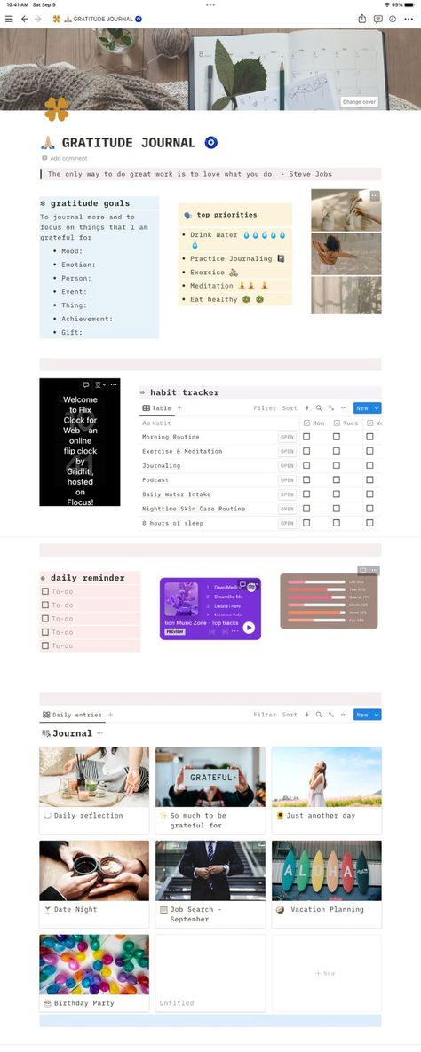 Long image of the entire first page of the Notion template for gratitude journal and habit tracker Notion Journal Template Free, Gratitude Journal Notion, Notion Template Free Download, Notion Journal Template, Notion Journal, Notion Inspiration, Notion Setup, Organization Templates, Notion Inspo