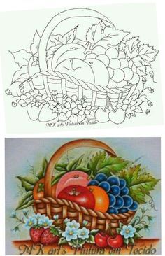 Fruit Basket Drawing, Cute Flower Drawing, Basket Drawing, Painted Baskets, Sky Art Painting, Detailed Coloring Pages, Beauty Art Drawings, Art Painting Gallery, Fruit Painting