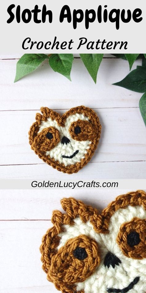 Crochet sloth applique, heart-shaped sloth, free crochet pattern Sloth Applique Pattern, Crochet Sloth, Crochet Applique Patterns Free, Crochet Hot Pads, Crochet Eyes, Crochet Chicken, Crochet Abbreviations, Crochet Supplies, All Free Crochet