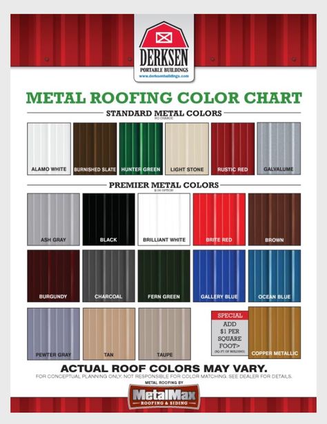 Derksen metal roof colors for Barn, Gazebo or tiny house. Tin Roof House, Roofing Styles, Glass Roofing, Metal Roof Colors, Cabin Diy, Roof Paint, Portable Buildings, A Frame House Plans, Roofing Felt