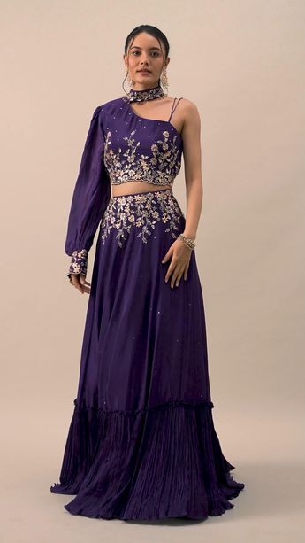 Put forth a fun and fabulous look by stepping out in this exquisitely designed lehenga set. Featuring a single cold-shoulder neckline, it flaunts intricate embroidery. Decked with sequin, cutdana and gota patti work, this two-piece outfit comes crafted on flowy chiffon fabric. Gota Patti Work, Happy Dresses, Dress Design Drawing, Designer Dresses Casual, Intricate Embroidery, Design Drawing, Stepping Out, Dress Design, Chiffon Fabric