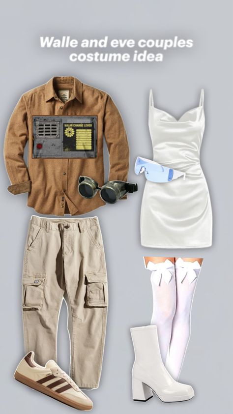 White dress or skirt, white stockings, white boots, white top, blue glasses, brown shirt with print out taped on solar charge, brown shoes, Wall E And Eve, Couples Halloween Costume, Halloween Costume Idea, White Stockings, Blue Glasses, Couples Halloween, Boots White, Brown Shirt, Wall E