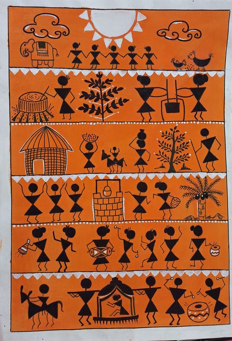 Traditional Warli Art, Varli Painting Art Simple, Varli Art Painting, Worli Painting Designs, Simple Kerala Mural Painting Sketch, Warli Painting Ideas On Wall, Warli Arts, Warli Art Painting, Nokshi Katha