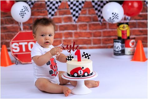 Race Car Themed Smash Cake, 2 Fast Smash Cake, Race Car Cake Smash 1st Birthdays, Smash Cake Race Car, Fast One Birthday Smash Cake, Smash Cake Race Car Theme, Nascar Smash Cake, Car Theme Smash Cake, Cars First Birthday Cake