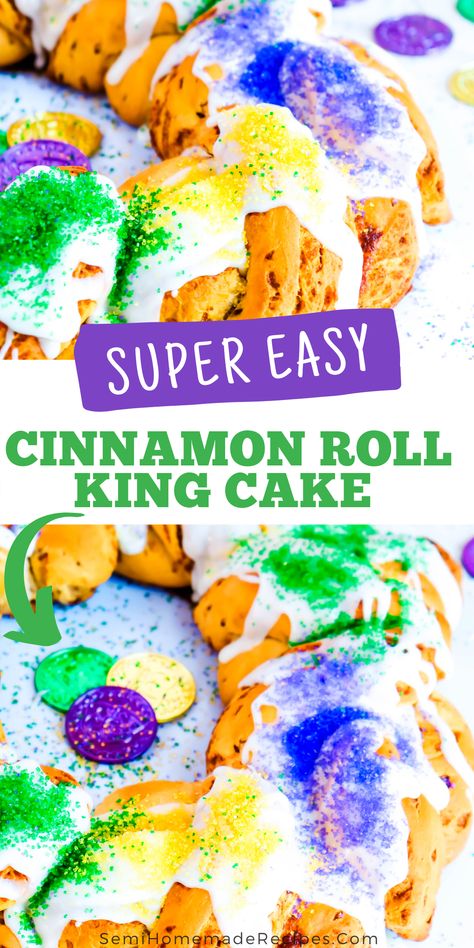 Celebrate Mardi Gras at home with this fun and Easy Cinnamon Roll King Cake! Made with cinnamon rolls, topping with icing and Mardi Gras color themed sugar for easiest king cake ever! Cinnamon Rolls Topping, Cinnamon Roll King Cake, Homemade King Cake, King Cake Recipe Easy, Mardi Gras Cake, King Cake Recipe, Mardi Gras Colors, Cinnamon Roll Icing, King Cake Baby