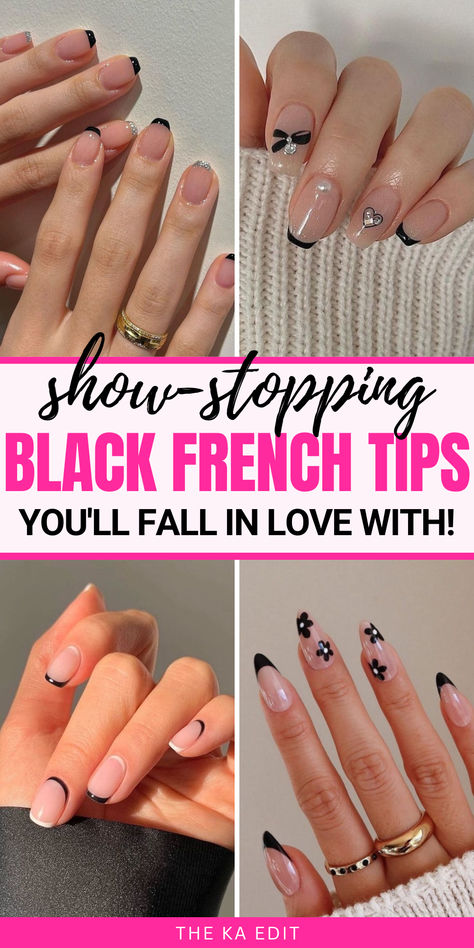 black French tip nails Black French Round Nails, Clear Nails Black Tips, Black Nail French Tip Designs, Black French Tip Short Nails, Black French Tips Almond, Black French Tip Nails With Design, Short Black French Tip Nails, Nails With Black Tips, Black Nail Tips