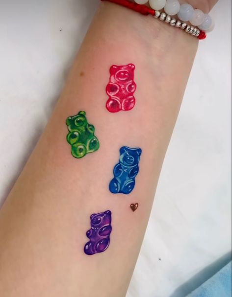 Carebear Centipede Tattoo, Gummy Bear Tattoo Ideas, Artist Tattoos For Women, Adventure Time Tattoo Sleeve, Black Light Tattoo Ideas, Haribo Tattoo, 90s Nostalgia Tattoo, Sour Patch Kid Tattoo, Lisa Frank Tattoo Ideas