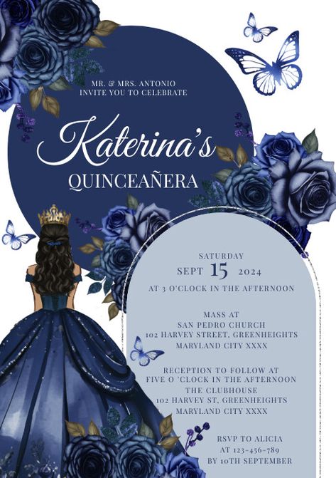 920+ plantillas gratuitas para «Quinceañera» Quinceañera Invitation, San Pedro, Quince, Quinceanera, Blue Floral, Navy Blue, Navy, Floral, Blue