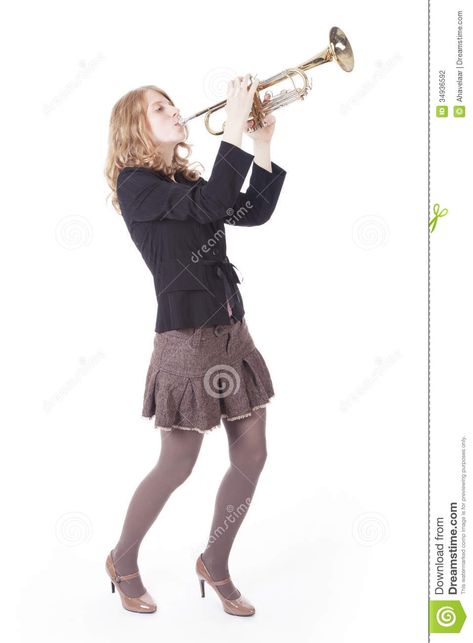 Playing Trumpet Pose, Playing Trumpet, Family Shoot, Dynamic Poses, Black Hat, Young Woman, Pose Reference, Drawing Inspiration, Art Tutorials