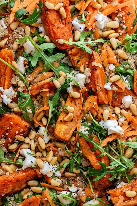 Roasted Sweet Potato, Carrot, Quinoa and Feta Salad - Cupful of Kale Sweet Potato Carrot, Quinoa Sweet Potato, Healthy Veggie, Roasted Sweet Potato, Vegan Roast, Salad With Sweet Potato, Feta Salad, Meal Recipes, Roasted Sweet Potatoes