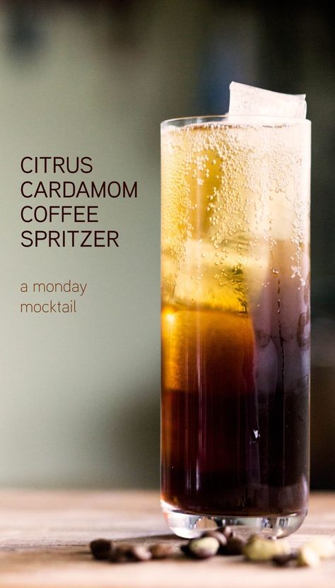 citrus cardamom coffee spritzer AKA monday mocktail — Recipe Fiction Cardamom Coffee, Coffee Drink Recipes, Cocktail Drinks Recipes, Coffee Cocktails, One Two Three, Mocktail Recipe, Social Media Services, Drink Menu, Non Alcoholic Drinks