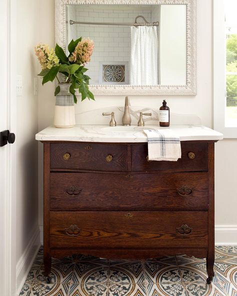 Kate Abt Design on Instagram: “Vintage beauty. My clients found this old chest of drawers at an auction and it became the perfect vanity at the #cloudberrymarsh project.…” Bathroom Chest, Dresser Sink, Dresser Vanity Bathroom, Vintage Bathroom Vanity, Diy Bathroom Vanity, Dresser Vanity, Something Old Something New, Cottage Bathroom, Downstairs Bathroom