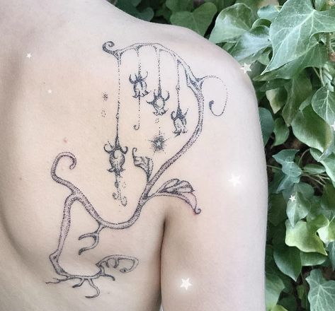 Fairytale Style Tattoo, Whimsy Tattoo Ideas, Dreamscape Tattoo, Nature Shoulder Tattoos For Women, Whimsical Back Tattoo, Vintage Fairy Tattoo, Whimsical Goth Tattoo, Birds Nest Tattoo, Nostalgia Tattoo Ideas