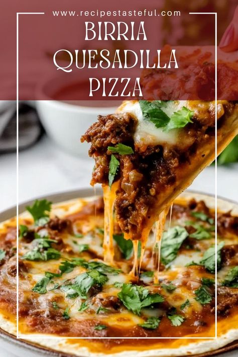 This Birria Quesadilla Pizza is a flavorful twist on a classic dish, combining tender, spiced beef with gooey cheese on a crispy crust. Perfect for pizza night with a Mexican flair, it's served with a rich birria consomé for dipping. Birria Pizza, Mexican Pizza Recipe, Spiced Beef, Mexican Pizza, Movie Night Snacks, Beef Chuck, Gooey Cheese, I Knew It, Pizza Bake