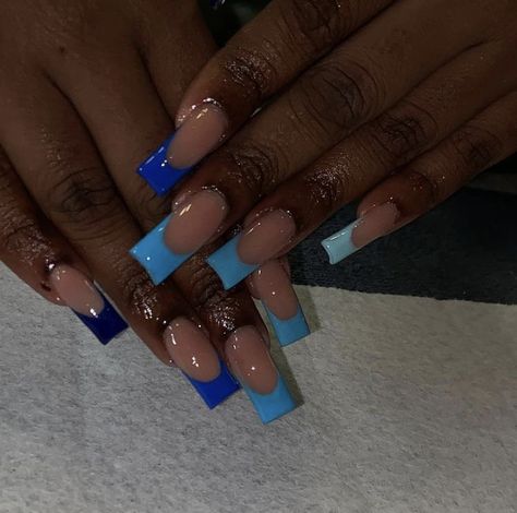 Blue Arclyc Nail Ideas, Blue Nails Ideas Black Women, Cute Blue Square Nails, Different Shades Of Blue Nails French Tip, Cute Short Acrylic Nails Square Blue, Blue Acrylic Nails Black Women, Blue Nail Ideas Acrylic Square, Royal Blue French Tip Nails Square, Short Nail Set Blue