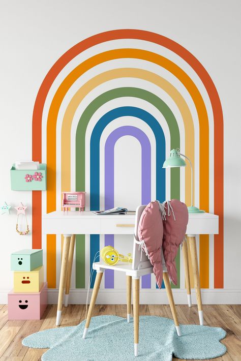 Retro Rainbow Bedroom, Wall Paint Rainbow, Rainbow Wall Painting Ideas, Rainbow Wall Paint, Diy Rainbow Mural, Rainbow Room Aesthetic, Rainbow Accent Wall, Colourful Playroom, Rainbow Themed Bedroom