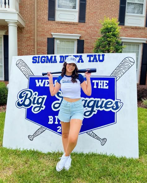 Welcome To The Big Leagues Bid Day, Baseball Bid Day, Sorority Tshirt Designs, California University, Spring Recruitment, Recruitment Ideas, Night Mood, Preppy Party, Sorority Bid Day