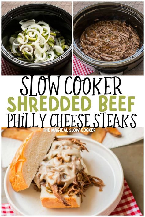 Slow Cooker Shredded Beef Philly Cheese Steak have tender beef, onion, and peppers. Pile on a bun and top with Swiss cheese. - The Magical Slow Cooker Philly Cheese Steak Pot Roast, Philly Steak In Crockpot, Beef Swiss Steak Recipes Crock Pot, Philly Cheese Steak Crock Pot Easy, Shredded Steak Crockpot, Shredded Beef Philly Cheesesteak, Philly Cheesesteak In Crockpot, Philly Cheese Steak Roast Beef, Philly Cheese Steak With Roast Beef