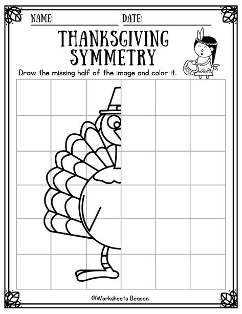 Our Thanksgiving symmetry worksheets will bring some fun to the classroom as your students learn about reflectional symmetry.

Students are asked to draw the other half of the Thanksgiving-themed pictures in this fun math worksheets, which will improve their motor skills and visual recognition, and also improve their coloring skills. 3rd Grade Thanksgiving Activities, Draw The Other Half, Symmetrical Drawing, Thanksgiving Math Worksheets, Symmetry Worksheets, Perimeter Worksheets, Fun Math Worksheets, Thanksgiving Worksheets, Thanksgiving Coloring