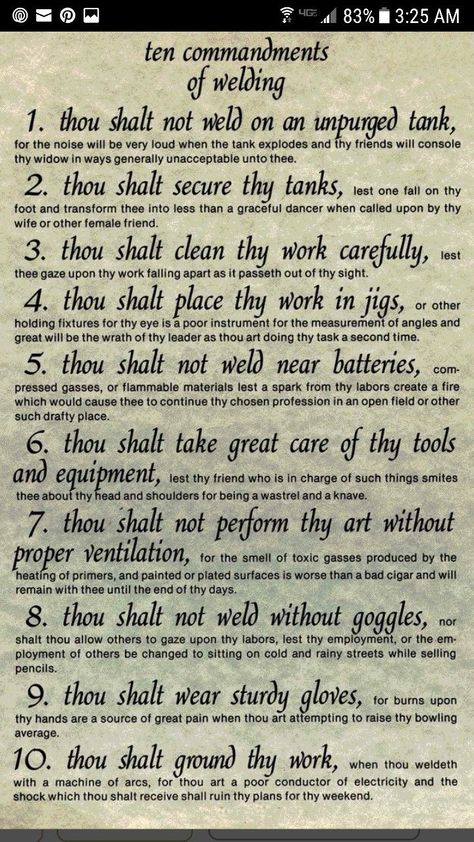 Welding Commandments Welder Humor, Welding Memes, Welding Funny, Weld Projects, Miller Welding, Metal Sculpture Artists, Welding Training, Welding Gear, Welding Shop