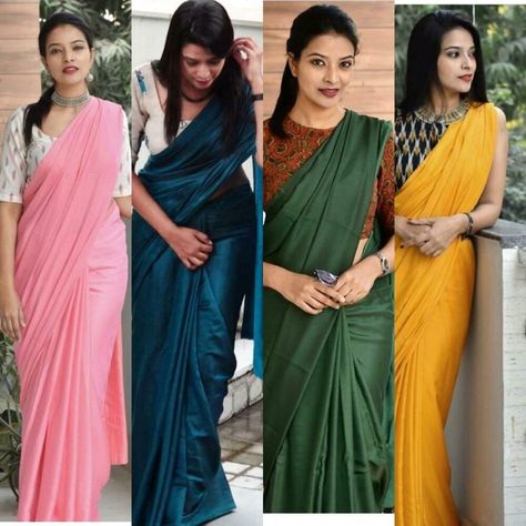 Plain Silk Saree Blouse Designs, Satin Silk Saree Plain, Plain Satin Saree With Designer Blouse, Professional Saree Look, Plain Saree With Heavy Blouse, Formal Saree, Cotton Saree Blouse Designs, Simple Saree Designs, New Saree Blouse Designs