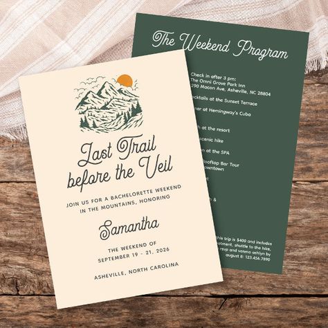 Retro Mountain Camp Bachelorette Itinerary Weekend Invitation Bachelorette Party Lake Weekend, Bachelorette Party Lake, Last Trail Before The Veil, Mountain Bachelorette, Retro Mountain, Bachelorette Weekend Invitations, Retro Wedding Invitations, Wedding Announcement Cards, Bachelorette Itinerary