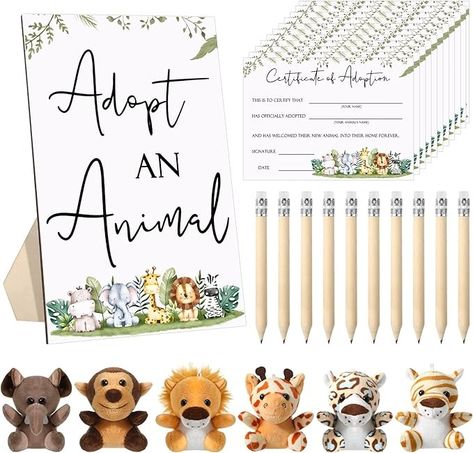 Amazon.com: Leitee 59 Pcs Baby Shower Games Animal Adoption Certificate Set Party Favors for Kids Birthday Baby Shower Adopt an Animal Sign 24 Certificate Cards 24 Safari Jungle Stuffed Animals with 10 Pencils : Toys & Games Adopt An Animal Party Favor, Animal Adoption Certificate, Adopt An Animal, Jungle Party Favors, Safari Party Favors, Adoption Signs, Animal Party Favors, Baby Shower Table Decorations, Animal Adoption