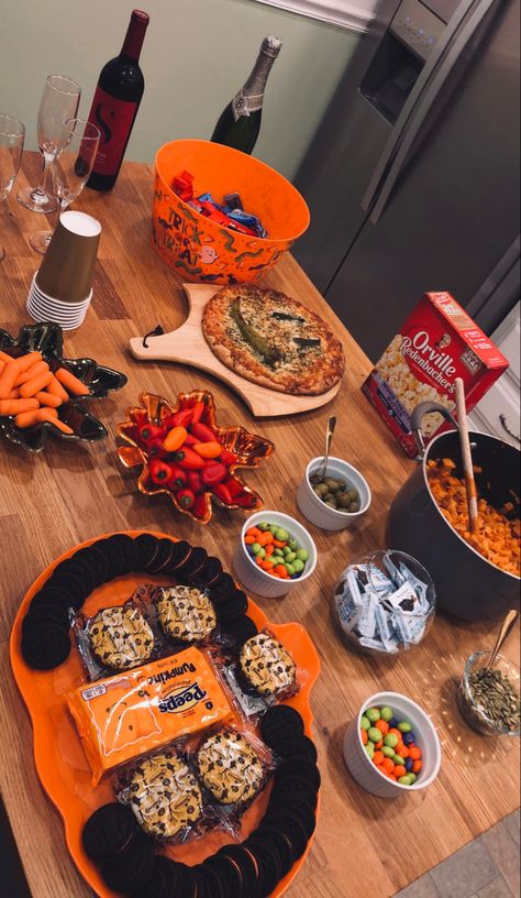 Suburban Halloween Aesthetic, Halloween Snack Ideas For Adults, Spiderweb Pretzels, Purple Jello Shots, Spider Oreos, Movie Night Party Food, Ghost Strawberries, Pumpkin Butternut Squash, Pasta With Pumpkin