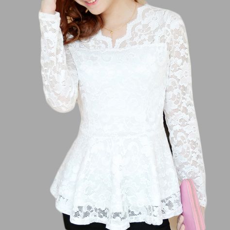 Womens Peplum Tops, Feminine Shirts, Black Lace Shirt, Women Lace Blouse, Lace Blouse Long Sleeve, White Lace Blouse, Neck Women, Lace Peplum, Dress Shirts For Women