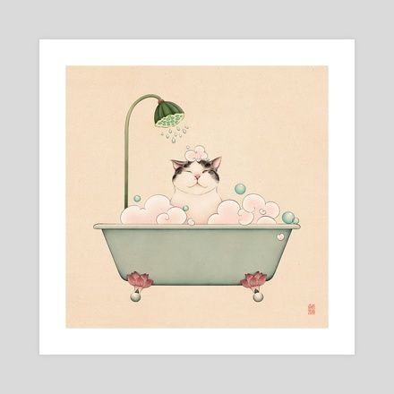 Art Prints by Broccoli Cat Art - INPRNT Cat Showering, Bathtub Illustration, Bathtub Art, Vintage Bathtub, Giclee Art Print, Cat Art, Broccoli, Baby Mobile, Print Quality