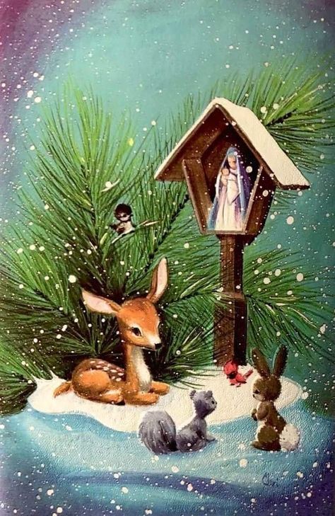 Snow Birds, Snow Christmas Cards, Xmas Images, Fawn Deer, Deer Fawn, Vintage Christmas Card, Vintage Christmas Images, المملكة العربية السعودية, Christmas Scenes