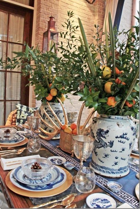 Porch Table, Christmas Dining Table, Blue White Decor, Dining Room Table Set, Beautiful Table Settings, Atlanta Homes, White Christmas Decor, Pretty Tables, Blue And White China