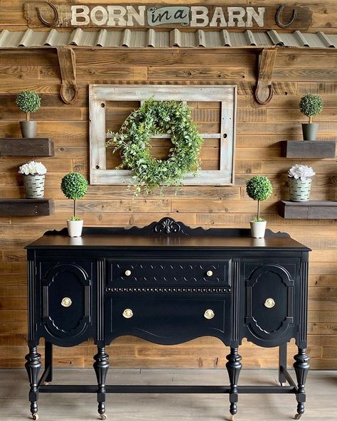 "Never again will paint any other black than GF Enduro Black Poly! Comes out flawless every time!" - Born In A Barn Boutique Learn more about General Finishes Enduro Black Poly in this video: http://bit.ly/GFVideoBlackPolyProductOverveiw French Provincial Cabinet, Chalk Paint Buffet, Jacobean Buffet, Antique Dining Room Furniture, Buffet Makeover, Antique Buffet, General Finishes, Diy Furniture Renovation, Furniture Rehab