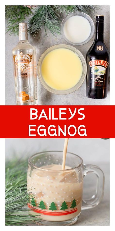 Bailey's Eggnog is a festive and delicious holiday drink that is perfect to sip around the Christmas tree! This drink comes together in less than 5 minutes and is rich and comforting. Dairy Free Egg Nog, Eggnog Dessert, Eggnog Drinks, Festive Holiday Cocktails, Mocktail Drinks, Caramel Vodka, Milk Nutrition, Drinks Recipe, Christmas Meals