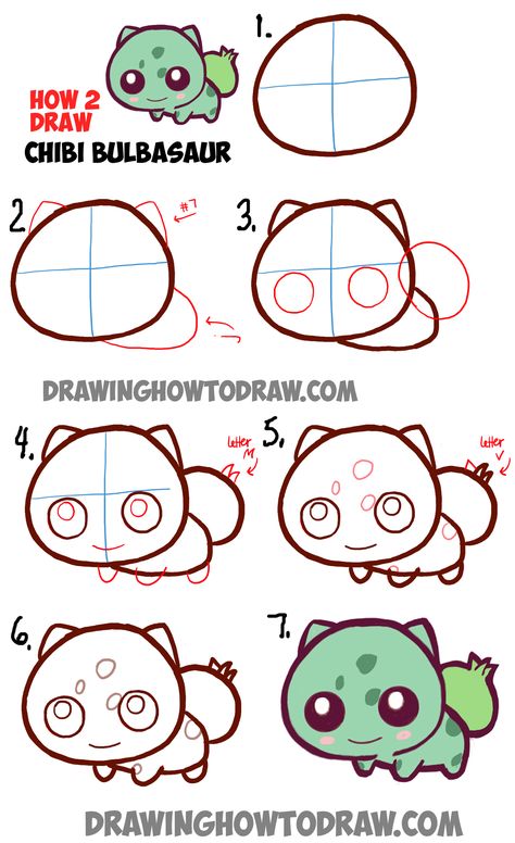 Learn How to Draw Cute Baby Chibi Bulbasaur from Pokemon in Simple Step by Step Drawing Tutorial Chibi Bulbasaur, Simple Step By Step Drawing, Steps Drawing, Trin For Trin Tegning, Uppfostra Barn, Draw Chibi, How To Draw Cute, How To Draw Steps, Draw Cute