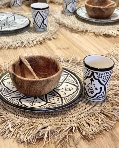 When it comes to setting the table, it's all about the details ✨🍽 A rustic wooden table adorned with our stunning handmade raffia table map, complemented by an eclectic mix of plates that seamlessly blend different styles makes a beautiful table that marries natural ethnic charm with contemporary flair. Discover our collection at zocohome.com! 📲 #furnituredesign #bohodecor #outdoordecor #ethnicdecor #setthetable #tabledecor Moroccan Table Setting, Ramadan Table Setting, Raffia Table, Scandinavian Style Furniture, Moroccan Table, Rustic Wooden Table, Ethnic Decor, Best Small Business Ideas, Porcelain Tableware