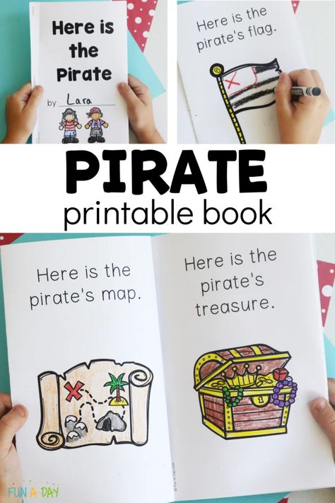 Use this simple pirate printable book with preschool, pre-k, or kindergarten kids during a pirate theme. Such an engaging way to practice important early literacy skills with kids! Get your copy by clicking on the Fun-A-Day.com link. Beach Day Classroom, Pirate Day Activities, Pirate Crafts Preschool, Pirate Activities Preschool, Pirate Printables, Pirate Preschool, Free Classroom Printables, Pirate Week, Pirate Activities