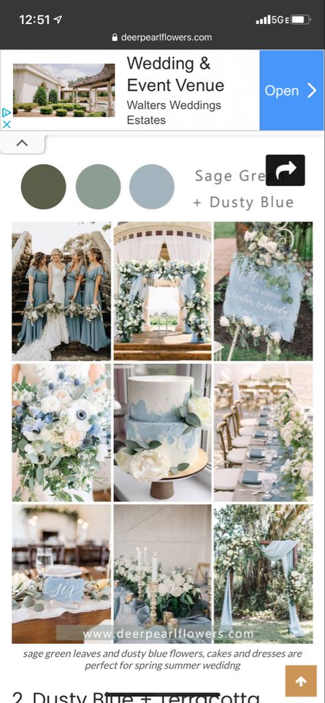 Light Blue And Sage Wedding, Dusty Blue And Sage Wedding, Green Wedding Palette, Sage Green Wedding Theme, Blue And Sage Green, Wedding Theme Color Schemes, Wedding Color Schemes Spring, Wedding Arches Outdoors, Blue Beach Wedding