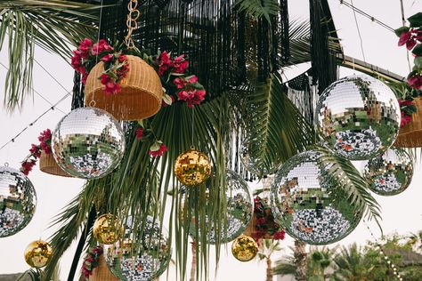 Dance Floor Installation, Wedding Dancefloor, Tropical Dance, Tropical Glam, Ball Dance, Disco Balls, Floor Installation, Disco Ball, Palm Leaves