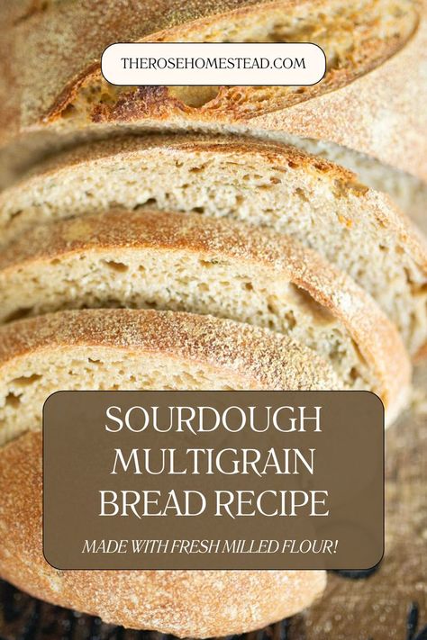 A photo of a sourdough multigrain loaf sliced on a cutting board Whole Grain Sourdough Recipes, Milled Flour Sourdough, Sourdough With Fresh Milled Flour, Fresh Milled Flour Sourdough Recipes, Fresh Milled Sourdough Bread, Fresh Milled Flour Recipes, Whole Grain Sourdough Bread Recipe, Multigrain Sourdough Bread Recipe, Flavored Sourdough