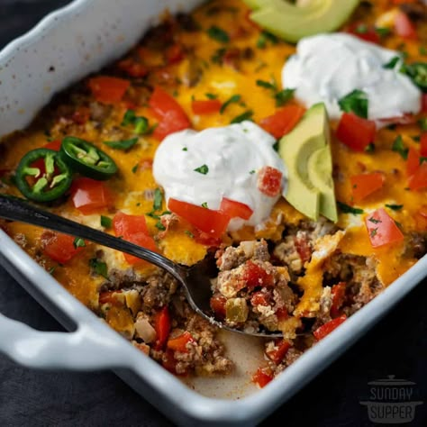 All the flavor of tacos, now in one mess-free, low-carb casserole! My easy taco casserole recipe is one dish everyone can enjoy! Keto Taco Casserole, Keto Taco Casserole Bake, Taco Bake Casserole Low Carb, Mexican Taco Casserole Low Carb, Keto Mexican Taco Casserole, Cheesy Mexican Low Carb Taco Bake, Taco Salad Recipe Healthy, Easy Taco Casserole, Cheap Family Dinners