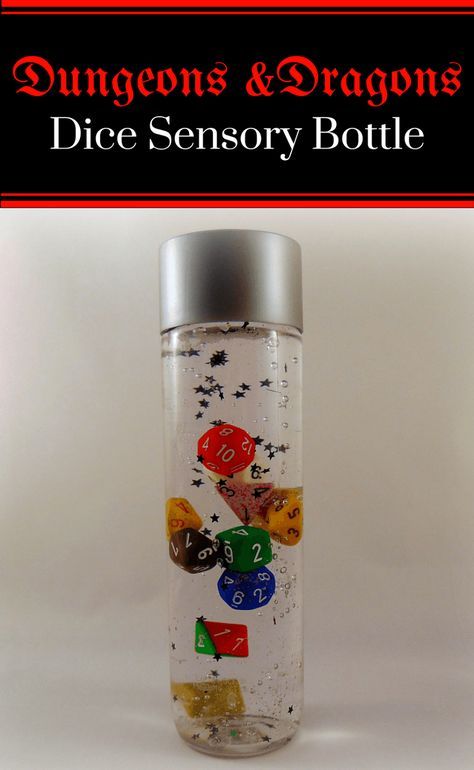 Dice Sensory Bottle, perfect for the future Dungeons and Dragons player! Dnd Centerpiece, Dungeons And Dragons Gifts Diy, D And D Party, Dungeons And Dragons Baby Shower Ideas, Dungeons And Dragons Crafts, Diy Dungeons And Dragons, Dungeons And Dragons Party, Dungeons And Dragons Diy, Dnd Room