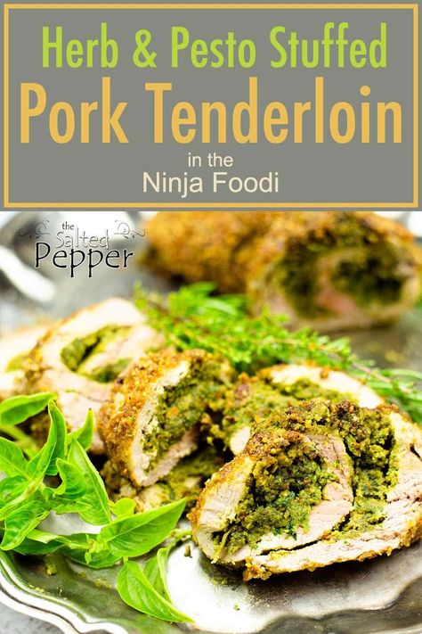 Easy recipe for Stuffed Pork Tenderloin, use this homemade pesto or stuff it with your favorite filling! Ready in under an hour. Pesto Stuffed Pork Tenderloin, Pork Tenderloin On The Grill, Tenderloin On The Grill, Herb Pesto, Ninja Grill, Ninja Cooking System Recipes, Keto Pork, Recipe Pork, Pepper Recipes