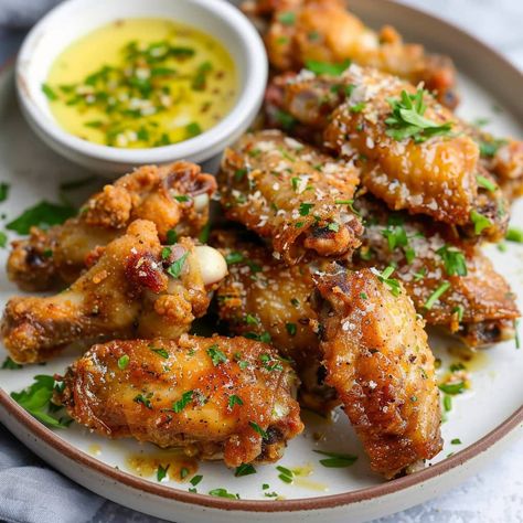 These garlic Parmesan chicken wings are baked to crispy-juicy perfection, then tossed in a mouthwatering garlic, herb, and Parmesan butter. Yum! Chicken Apps, Soy Garlic Chicken Wings, Chicken Pomodoro, Courtney Williams, Parmesan Wing Sauce, Bbq Chicken Bites, Smoked Ham Recipe, Soy Garlic Chicken, Parmesan Butter