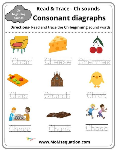 Kids can learn and trace the CH sound words in a more easy way, Every word accompanied by a picture helps kids to learn phonics better. Grade 1 Worksheets English, Ch Sound Worksheets, Ch Sound Words, Diagraph Worksheets, Ch Worksheet, Consonant Diagraph, Consonant Digraphs Worksheets, Phonics Worksheets Kindergarten, Phonics Blends Worksheets