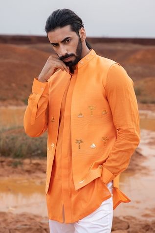 Runit Gupta | Designer Kurta, Nehru Jackets and Sets, Shirts for Men Orange Kurta For Men, Sleeveless Kurta, Silk Pant, Kurta Men, Silk Kurta, Nehru Jackets, Cotton Kurta, Kurta With Pants, Silk Pants